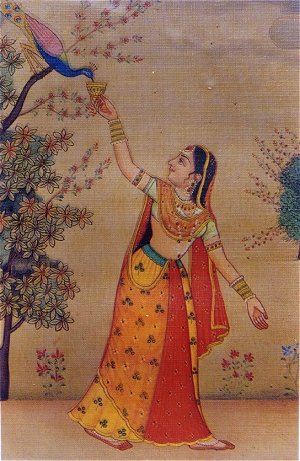 Indian Painting Images on Lady Feeds A Peacock North Indian Painting