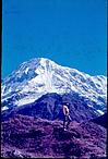 A mountaineer juxtaposed below Himalayan peaks