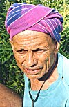 A bath towel as a headwear.