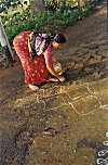 Woman Laying Rice Powder to form Kolam