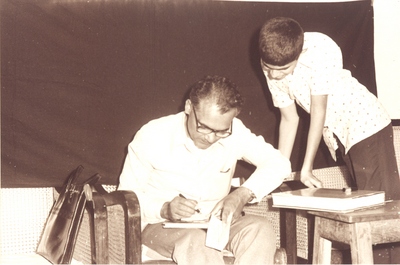 Vikas (on right) Collecting an Autograph from S.L. Bhyrappa